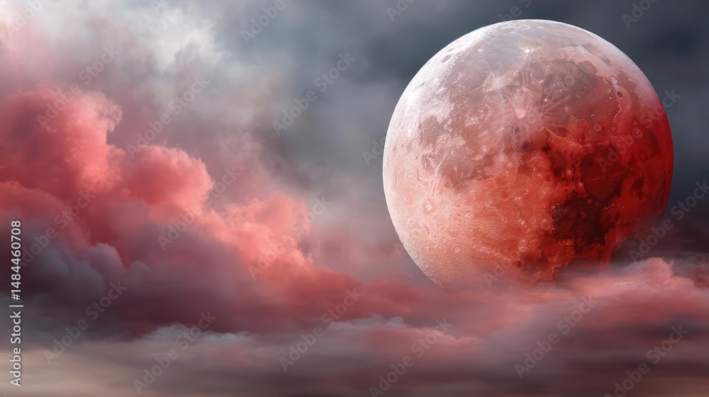Poster red moon behind black clouds at night with abstract fire concept. a dramatic red moon illuminating t