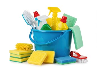Assortment of cleaning supplies including brushes and spray bottles in a blue bucket