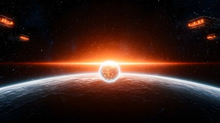 Obraz premium A glowing network sphere hangs in space above a dark planet, with several futuristic spaceships visible in the distance, all bathed in the warm light of a nearby star.