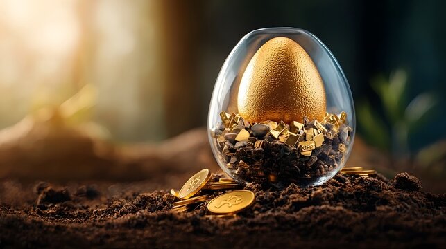 A golden egg radiating a soft luminous glow floats effortlessly inside a transparent piggy bank symbolizing the core of a secure and prosperous financial future