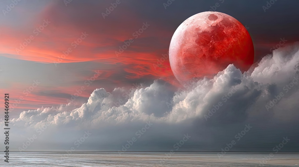 Poster Red moon behind black clouds with abstract fire and smoke concept. Stunning view of a red moon rising over moody clouds.