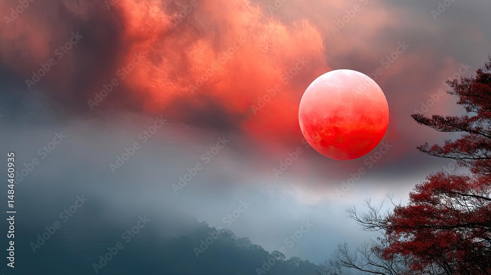 Aufkleber red moon behind black clouds with abstract fire and smoke concept. a captivating view of a red moon 
