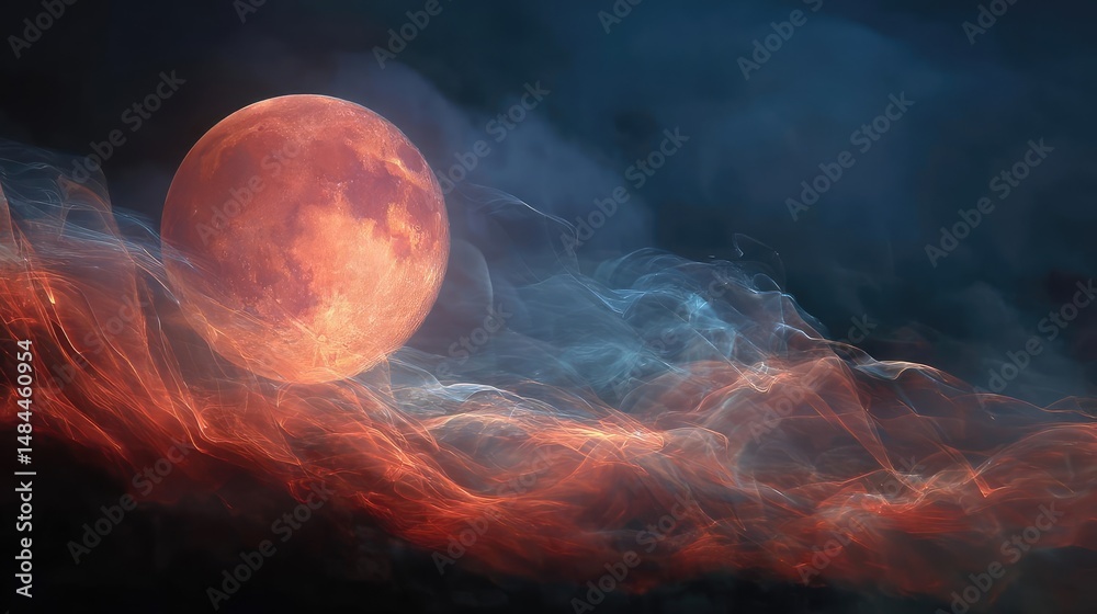 Aufkleber Red moon behind black clouds with abstract fire and smoke concept. A mesmerizing view of a full moon amidst colorful clouds.