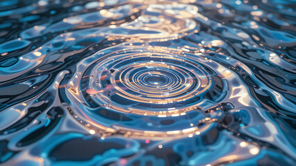 Close-up oil and water interaction, abstract color play with light, glowing ripple textures, dreamy fluid effect, soft macro texture