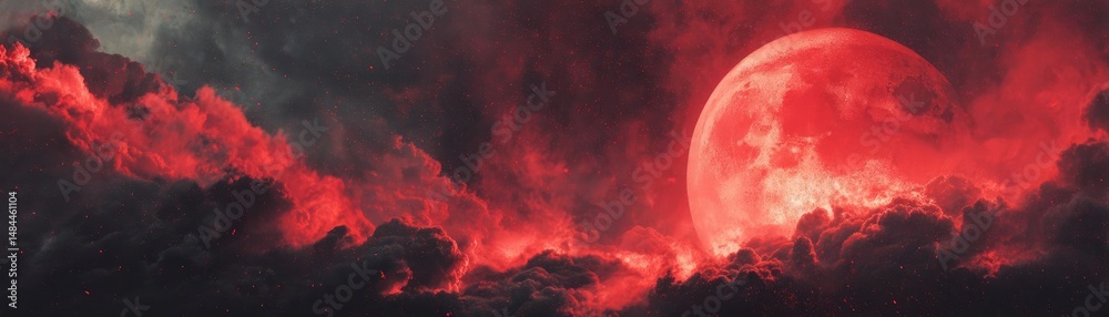 Poster red moon behind black clouds with abstract fire and smoke concept. a dramatic twilight sky with a vi