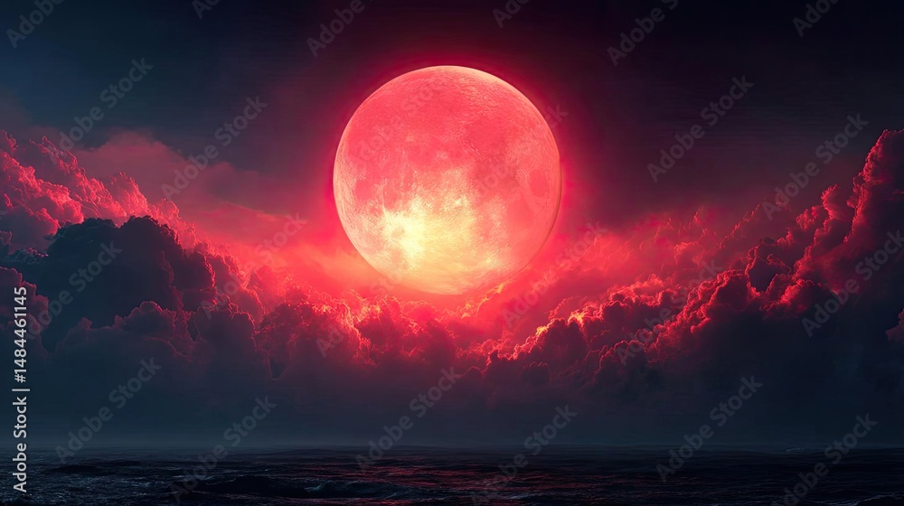 Aufkleber red moon behind black clouds at night with abstract fire concept. a stunning red moon illuminating a