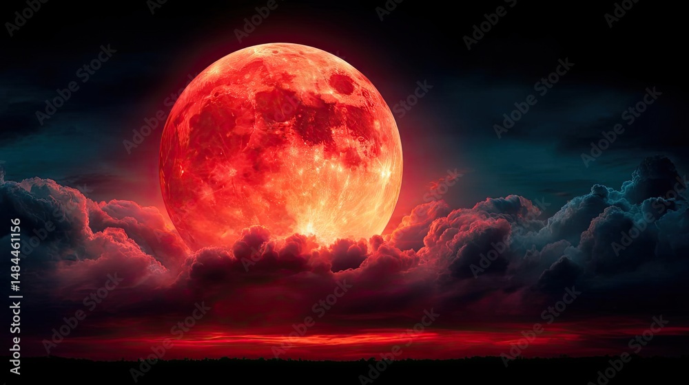 Poster Red moon behind black clouds at night with abstract fire concept. A stunning view of a red moon shining through dark clouds.