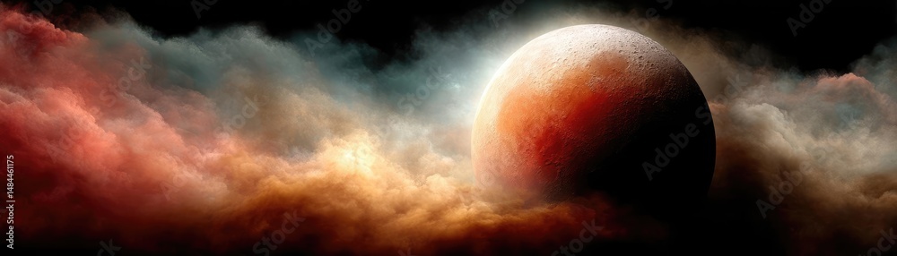 Poster red moon behind black clouds with abstract fire and smoke concept. a vivid cosmic scene with a plane