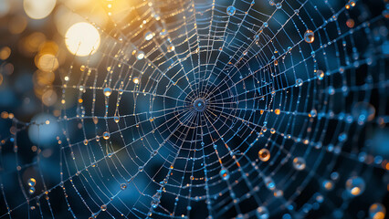 Fototapeta premium Close-up of spiderweb with sparkling dew, detailed droplets reflecting vibrant blue and amber tones, soft morning sunlight, tranquil forest setting
