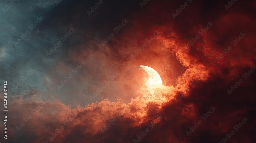 Poster red moon behind black clouds with abstract fire and smoke concept. a dramatic sunset engulfed in fie