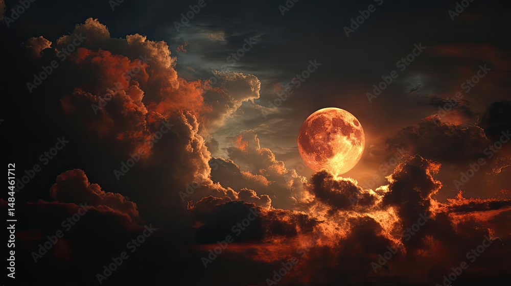 Poster red moon behind black clouds in dark abstract sky concept. a dramatic moonrise over clouds with vibr