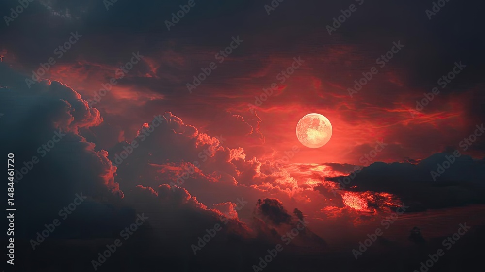 Poster red moon behind black clouds in dark abstract sky concept. a dramatic sunset with a fiery sky and gl