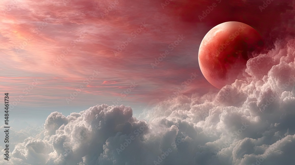 Poster red moon behind black clouds with abstract fire and smoke concept. a stunning celestial view of a re