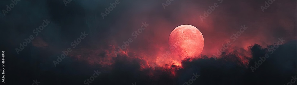 Aufkleber red moon behind black clouds with abstract fire and smoke concept. a dramatic sunset with a glowing 