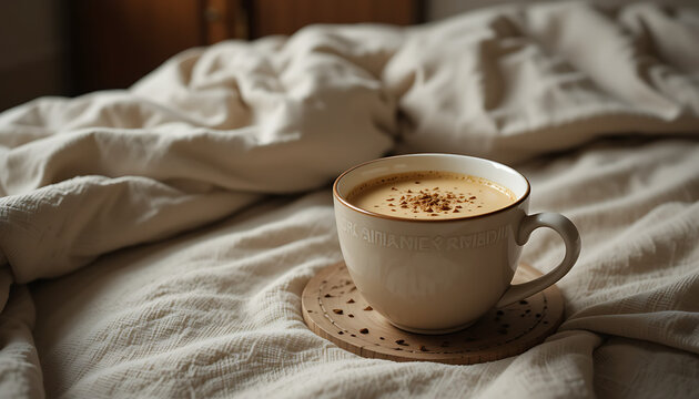 "A creamy badami chai in a cup on a wooden surface, lightly placed on a bed (subtle), near a cupboard. Capture the tea&rsquo;s richness."

