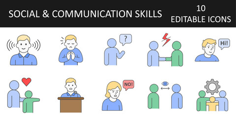 Social and communication skills icon set – includes teamwork, public speaking, eye contact, conflict resolution, kindness, active listening, and asking for help in simple visuals.