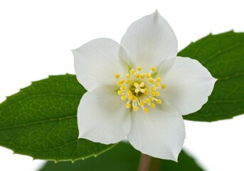 Close up of a single white flower with yellow stamens and green leaves on a white background