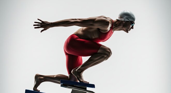 Muscular swimmer in starting position ready to dive into the pool race