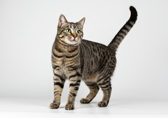 A beautiful tabby cat stands alert with its tail up against a white background in studio