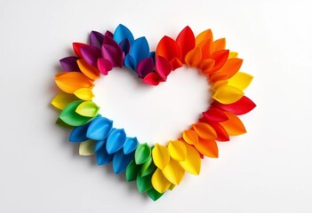 Rainbow floral heart, vibrant petals forming LGBTQ+ symbol on white, bisexual, diversity