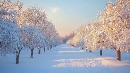 tranquil snow-covered orchard with rows of frosted apple trees under a soft morning glow, Generative AI