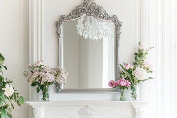 Ornate silver mirror above white mantel, flanked by floral arrangements in glass jars