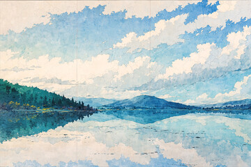 Wide horizontal scene divided by the waterline where sky and lake mirror each other under thin mist in anime cinematic style