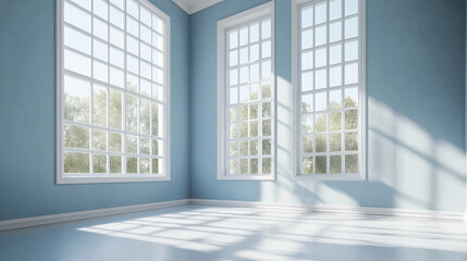 Fototapeta premium A bright, refreshed home renovation scene with large windows casting daylight across a modern white-and-blue interior.