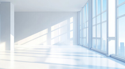 Obraz premium A bright, refreshed home renovation scene with large windows casting daylight across a modern white-and-blue interior.