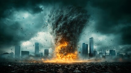 Obraz premium Tornado formed from swirling financial symbols and data decimating a cityscape of corporate skyscrapers conveying the overwhelming and destructive power of an economic downturn or market crisis