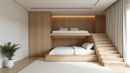 Minimalist bedroom with a split-level design sleeping area elevated on a podium, integrated stairs, and hidden storage drawers