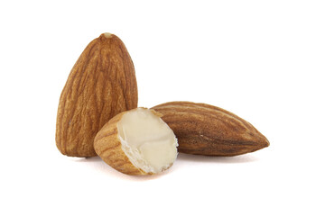 Close-up of three almonds, one cut open, set against a clean, white backdrop.
