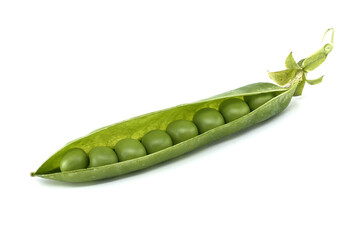 Close-up of an open pea pod revealing multiple, perfectly round green peas on white.
