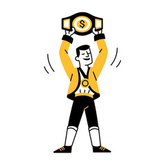 A doodle style illustration showing wrestling winner holding belt 