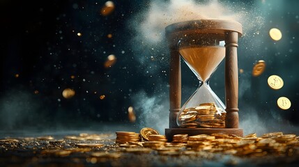 Golden coins turning to dust as they pass through an hourglass symbolizing the rapid erosion of wealth and the transient nature of material prosperity over time