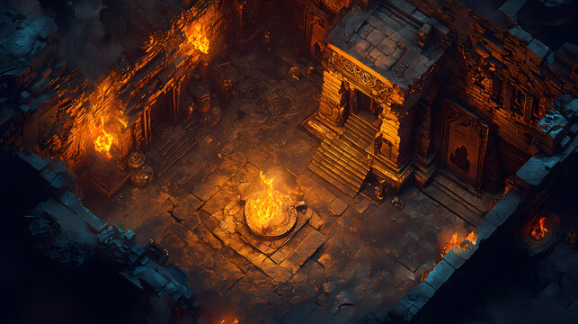 Cursed dungeon with demonic symbols carved into the stone, flickering flames, and dark spirits lurking in the corners. [Volcanic Temples] | Flame Relic | scorched idol. Illustration