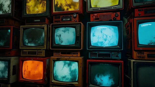 Retro vintage tv television screens old technology antique display broadcast cathode ray tube media art. Retro televisions with colorful static. Vintage tv stack in a dark room
