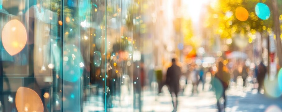Sunny street scene, blurred storefronts and pedestrians