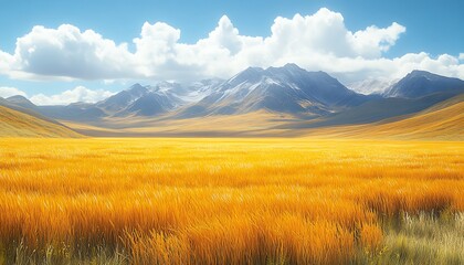 Obraz premium Golden field, mountains, sunny sky