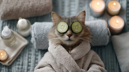 cat in a spa salon in a robe and with cucumbers on his eyes