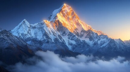 dramatic snowy peaks illuminated by the golden rays of dawn under a clear blue sky, Generative AI
