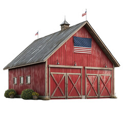 Red barn with american flag rustic farm building rural architecture isolated on transparent  background png