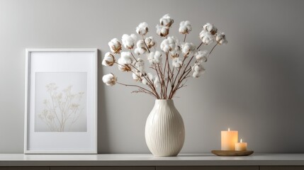 Simple, elegant home decor with a vase of cotton blossoms and a framed print