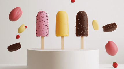 A photorealistic ad displays kulfi, mango-strawberry, and chocolate crackle ice cream sticks, arranged on a white background podium. 
