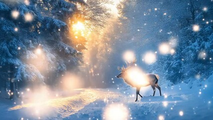 Majestic reindeer walking through a snowy forest at sunset, with soft snowflakes falling around - Powered by Adobe