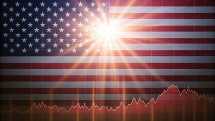 The American flag with a sunburst and a financial graph overlay symbolizes the U.S. economy and market trends.