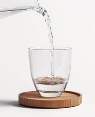 Clear water pours from pitcher into glass on coaster
