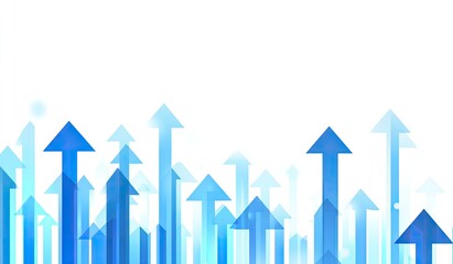 Abstract graphic design with many upward-pointing arrows,  fading from dark to light blue, on a white background, suggesting growth or progress