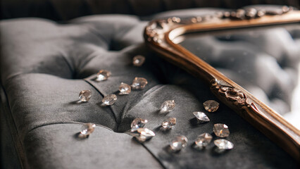 Gilded mirror reflecting scattered diamonds on velvet surface, symbolizing luxury, wealth and extravagant lifestyle, opulence and lavish self-indulgence concept.