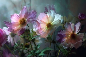 Delicate, pastel-hued cosmos flowers in soft light.